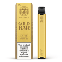 Gold Bar Cherry Ice disposable vape pen with packaging, 2% nicotine, 600 puffs.