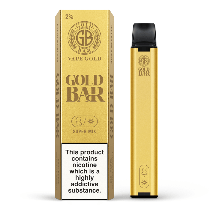 Gold Bar disposable vape pen with packaging, labelled "Super Mix," 2% nicotine.