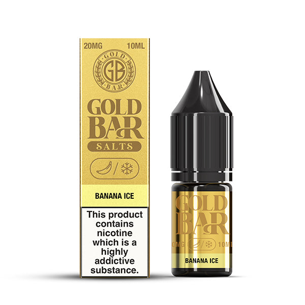 Gold Bar Nic Salt Banana Ice e-liquid bottle and box, 20mg, 10ml, with a nicotine warning label.