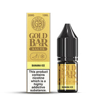 Gold Bar Nic Salt Banana Ice e-liquid bottle and box, 20mg, 10ml, with a nicotine warning label.