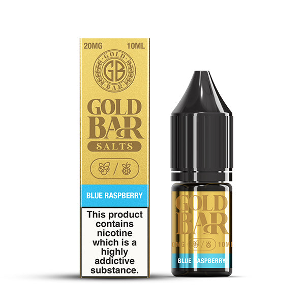 Gold Bar Salts Blue Raspberry e-liquid, 20mg, 10ml bottle and packaging.