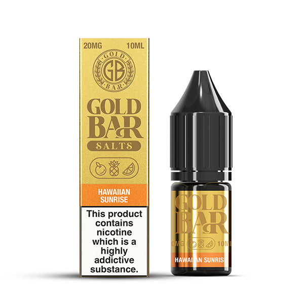 Gold Bar Nic Salt Hawaiian Sunrise e-liquid bottle and box, 20mg, 10ml.