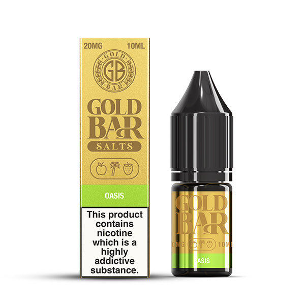 Gold Bar Salts Oasis 10ml bottle and box, 20mg nicotine warning label visible.