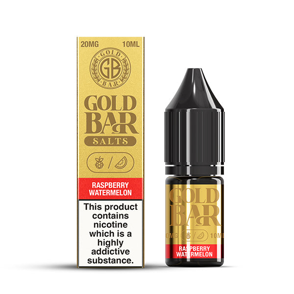 Gold Bar Salts Raspberry Watermelon e-liquid bottle and box, 20mg, 10ml, on white background.