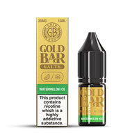 Gold Bar Watermelon Ice Nic Salt, 20mg, 10ml bottle with packaging, gold and black design.