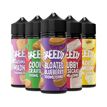 Five bottles of Greedy Bear vape juice in various flavours with colourful labels.