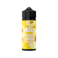 Yellow vape juice bottle with "Greedy Loaded Lemon" label, 100ml size.