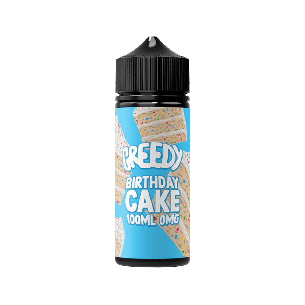 Greedy Bear Birthday Cake vape juice bottle with a blue label and cake slice design.