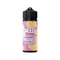 Vape juice bottle with pink label, "Greedy Marshmallow Madness" design.