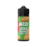 E-liquid bottle with "Greedy Cookie Cravings" label, 100ml size.