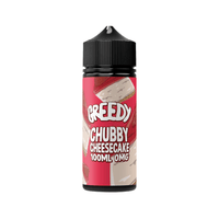 Greedy Chubby Cheesecake e-liquid bottle, 100ml, with strawberry cheesecake design.