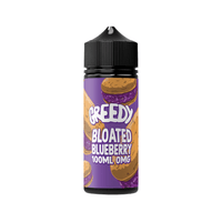 Greedy Bear Bloated Blueberry 100ml shortfill bottle with purple label and black cap.