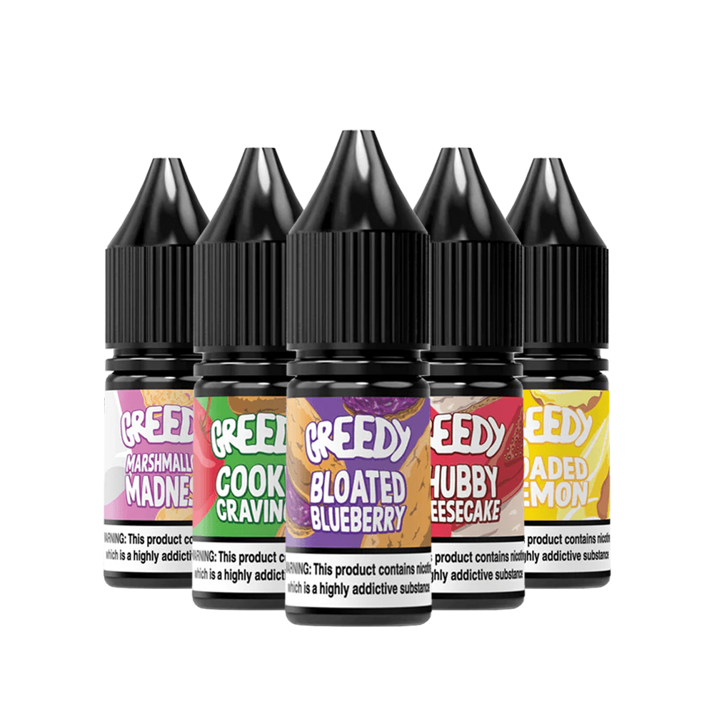 Five Greedy Bear vape juice bottles with colourful labels and flavour names.