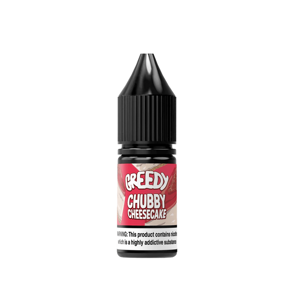 Greedy Chubby Cheesecake vape juice bottle with a black cap and red label.