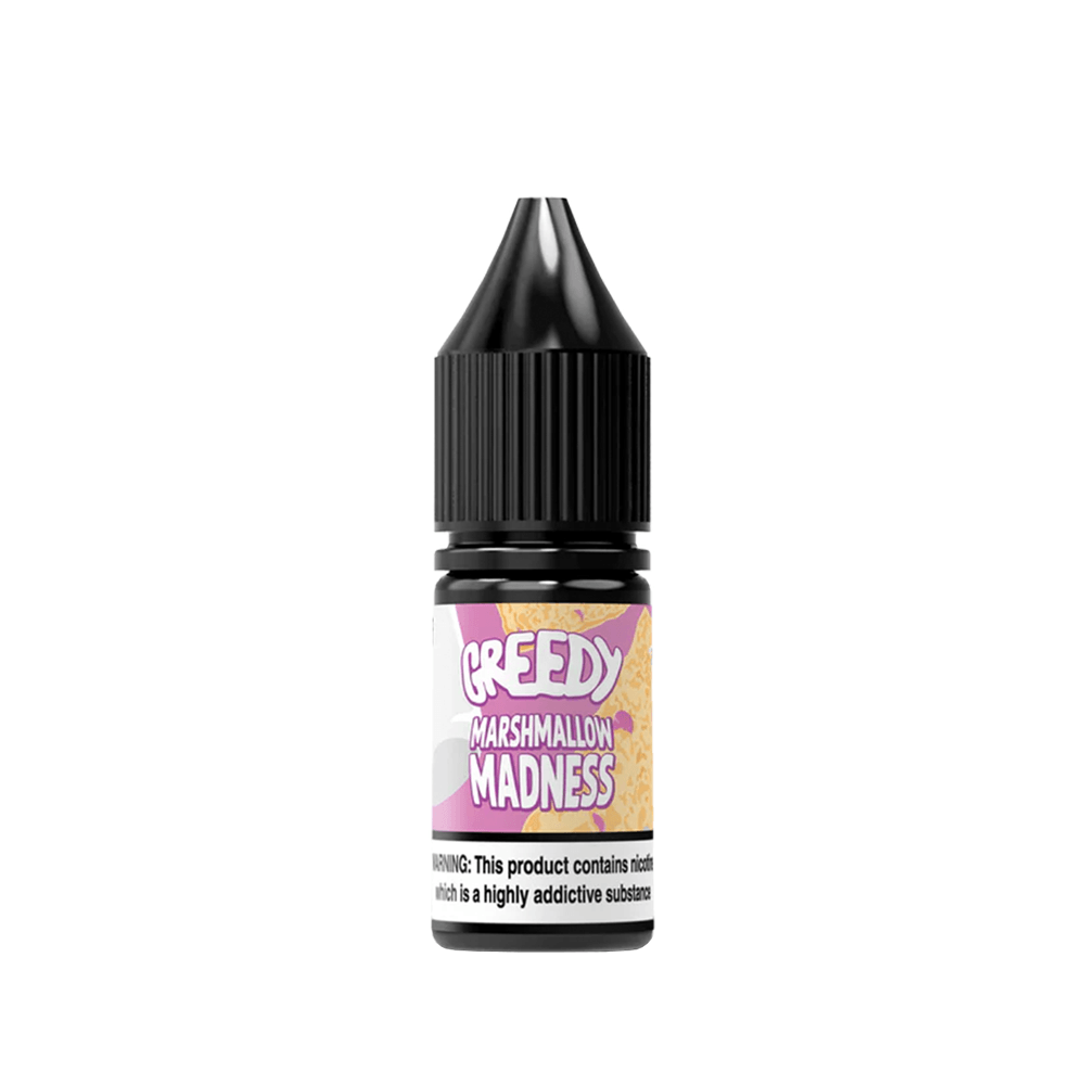 Greedy Bear Marshmallow Madness 10ml vape juice bottle with black cap and pink label.