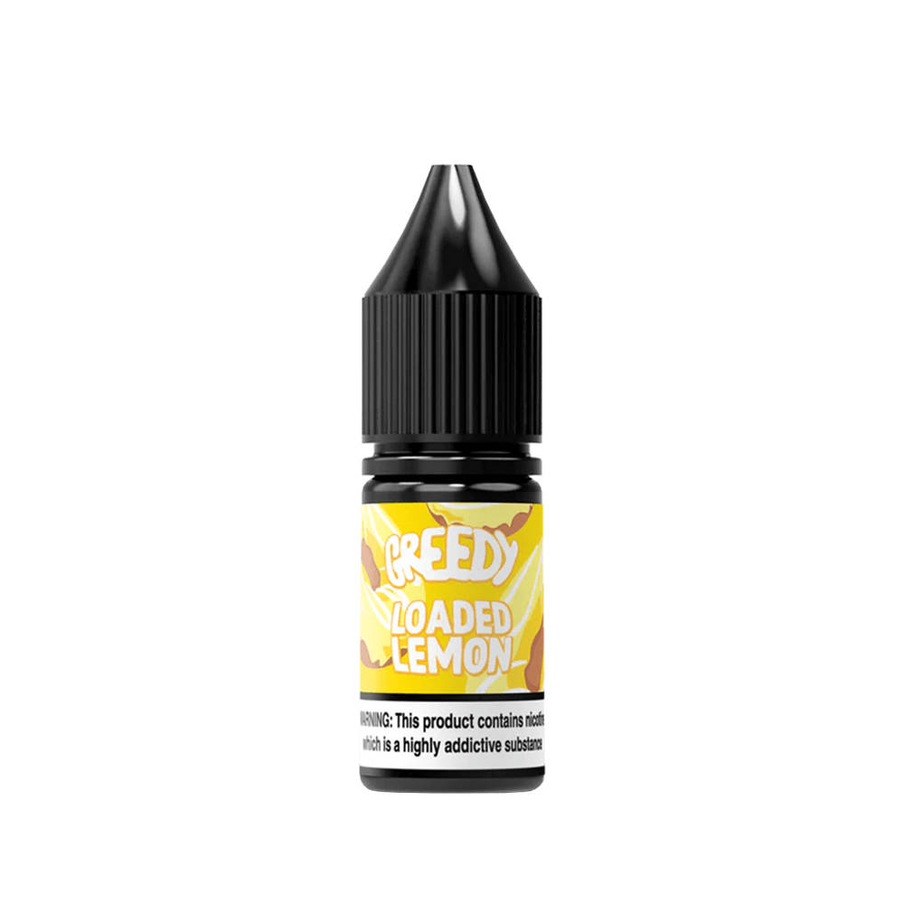 Greedy Bear Loaded Lemon vape juice bottle with black cap, yellow label.