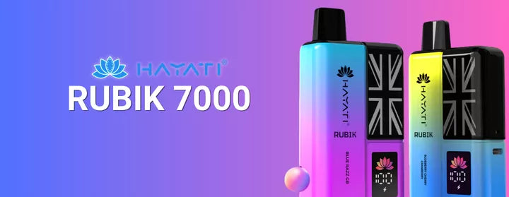 Hayati Rubik 7000 Collection showing two prefilled vape kits on a purple and pink gradient background.
