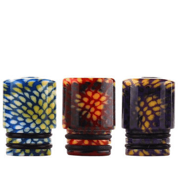 Colourful floral-patterned drip tips in blue, red, and purple for vaping devices.