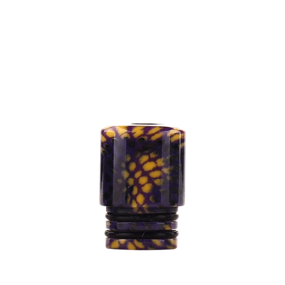 Purple and yellow patterned 510 drip tip for vaping.