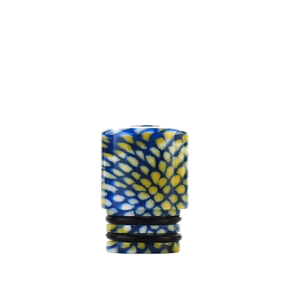 Blue and yellow Hellvape AG 510 drip tip with floral pattern.