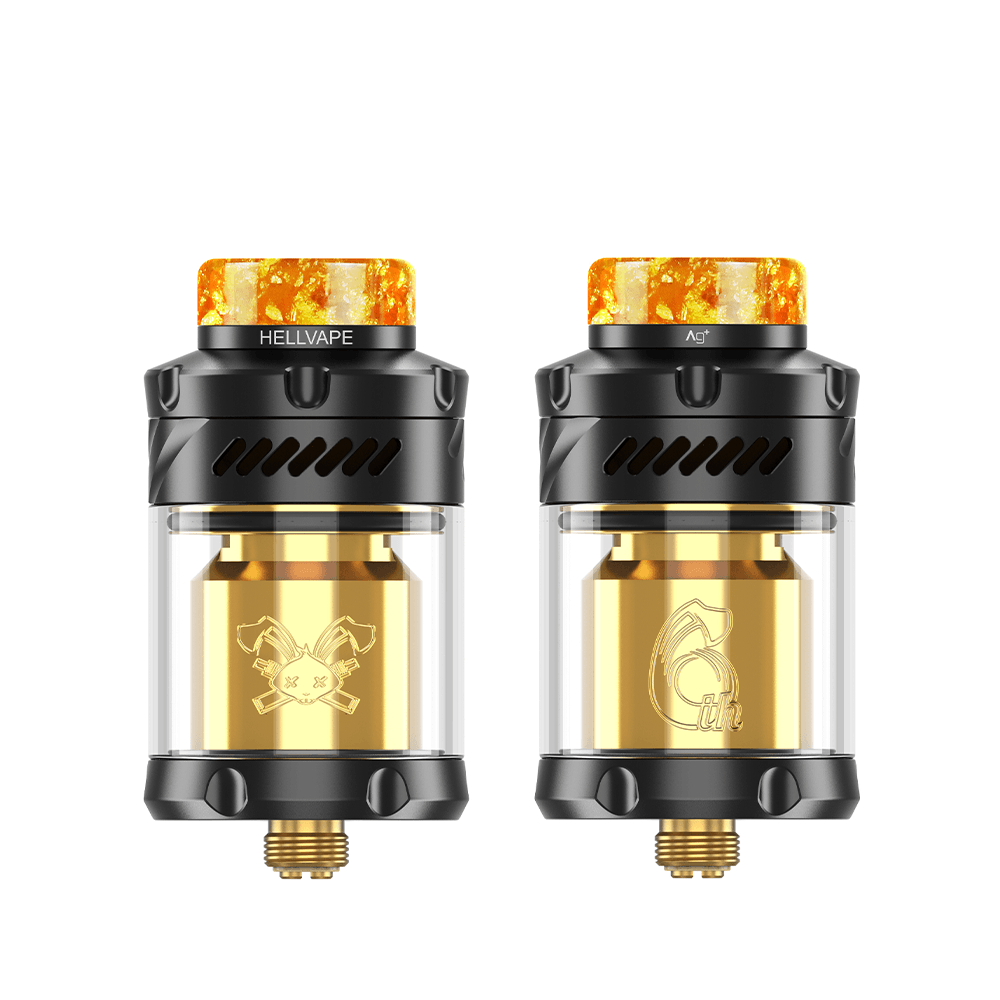 Hellvape Dead Rabbit 3 RTA 6th Anniversary Edition, black and gold design, two views.