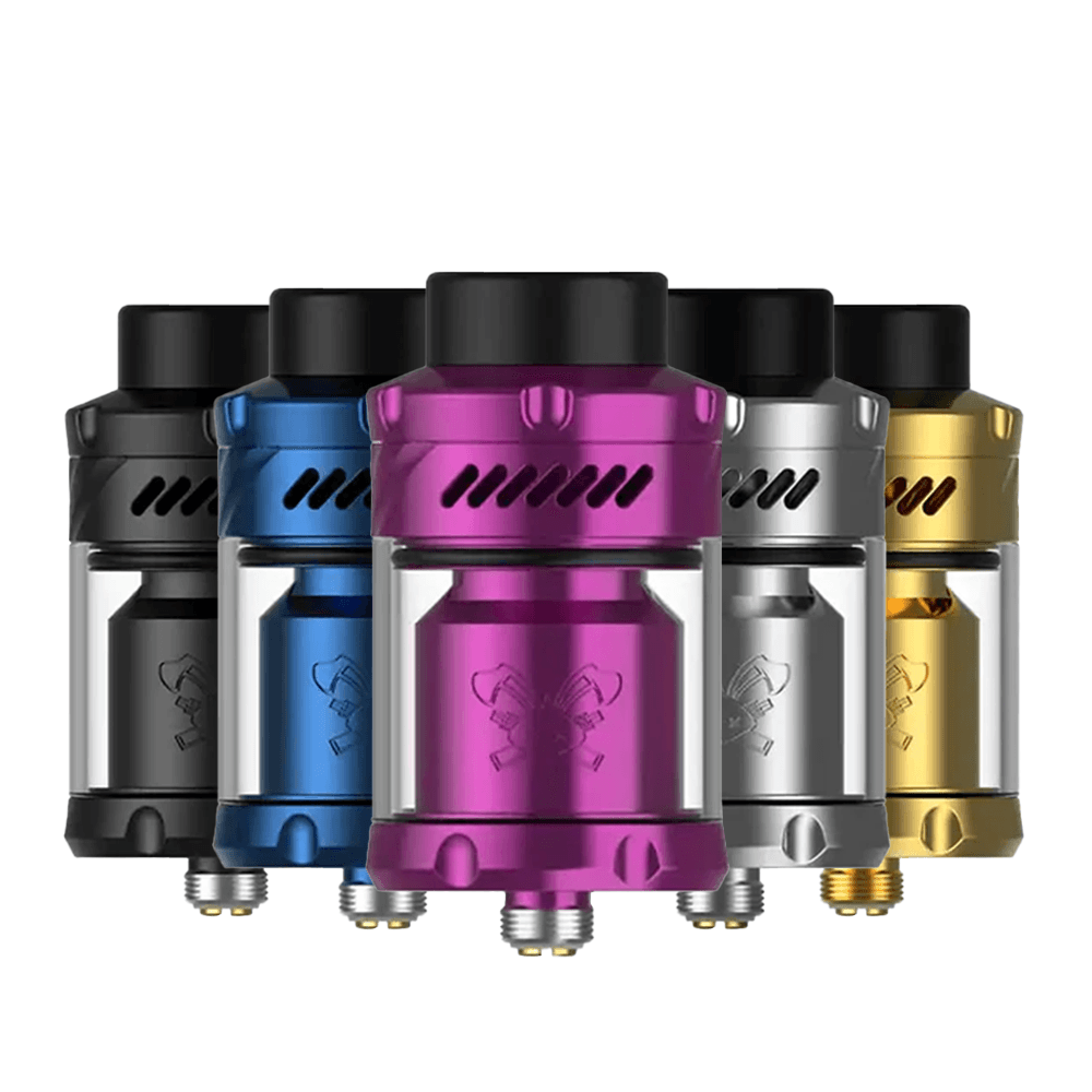 Colourful Hellvape Dead Rabbit 3 RTAs in black, blue, purple, silver, and gold.