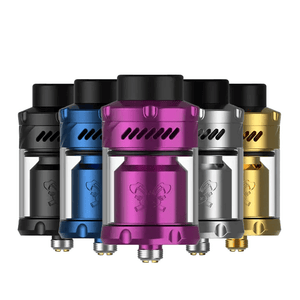 Colourful Hellvape Dead Rabbit 3 RTAs in black, blue, purple, silver, and gold.