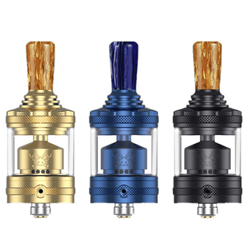 Three Hellvape Dead Rabbit MTL RTA tanks in gold, blue, and black with resin drip tips.