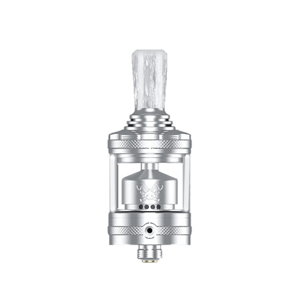 Silver Hellvape Dead Rabbit MTL RTA with drip tip, detailed design.