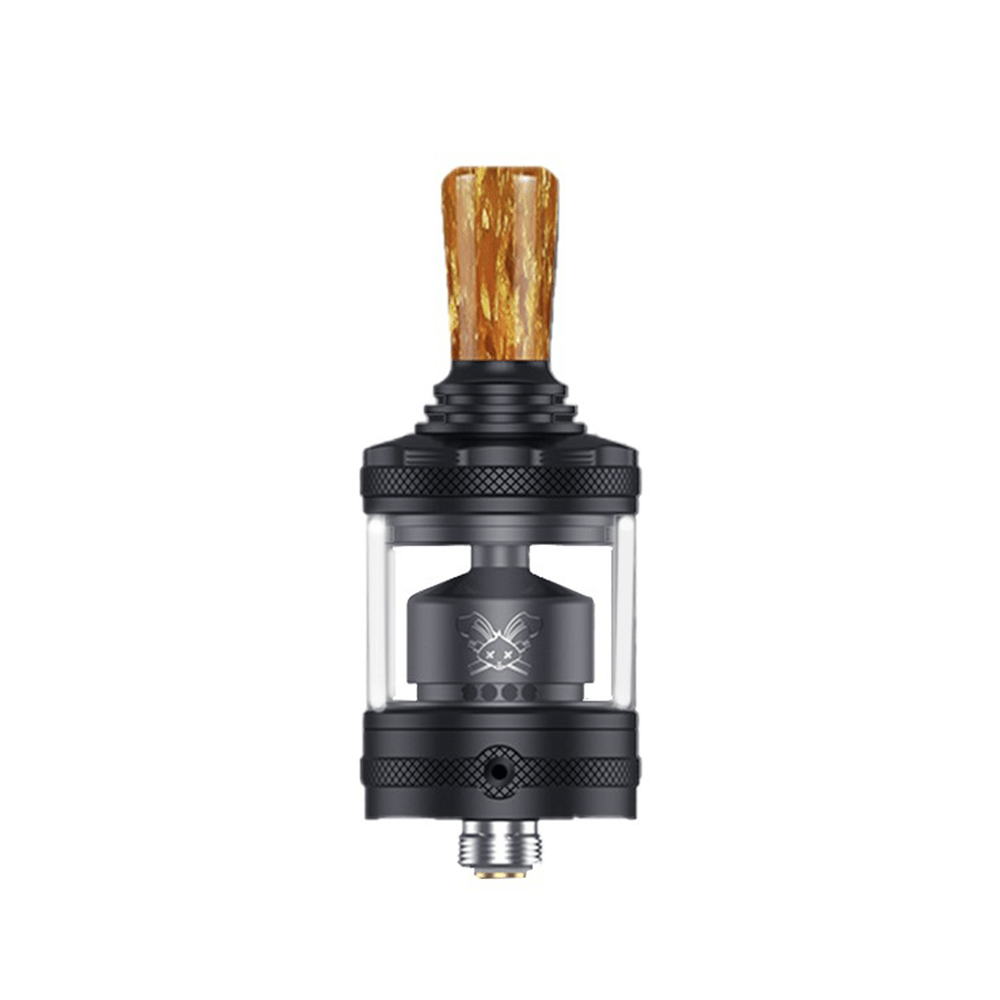 Hellvape Dead Rabbit MTL RTA with black design and wood-patterned drip tip.