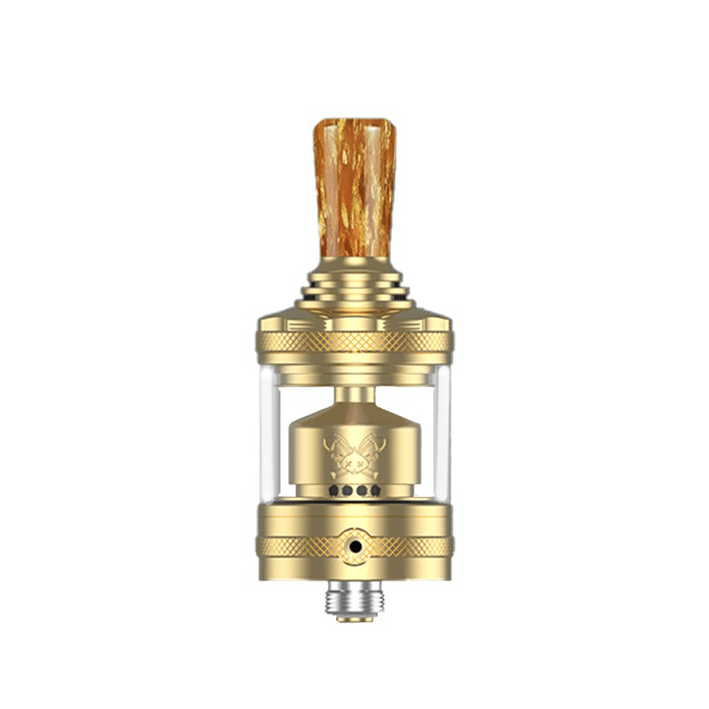 Gold Hellvape Dead Rabbit MTL RTA with a decorative drip tip against a white background.