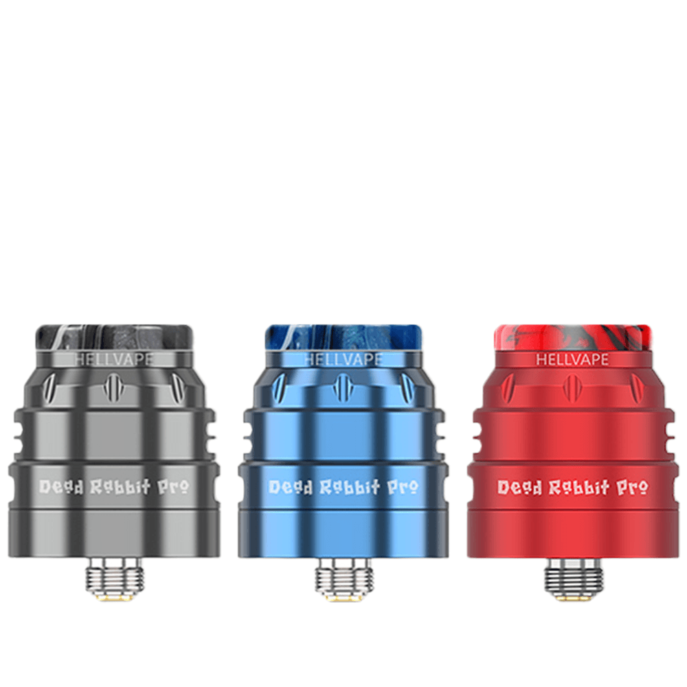 Three Hellvape Dead Rabbit Pro RDAs in grey, blue, and red, displayed side by side.