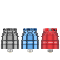 Three Hellvape Dead Rabbit Pro RDAs in grey, blue, and red, displayed side by side.