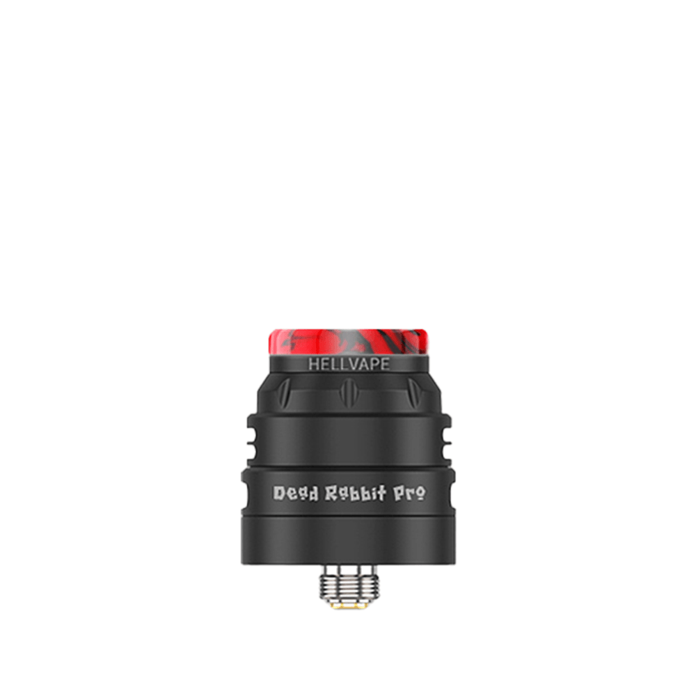 Hellvape Dead Rabbit Pro RDA in black with red drip tip, displayed on a white background.