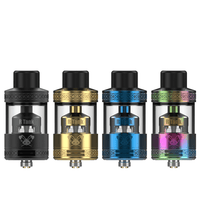 Four Hellvape Dead Rabbit R Tanks in black, gold, blue, and rainbow colours.