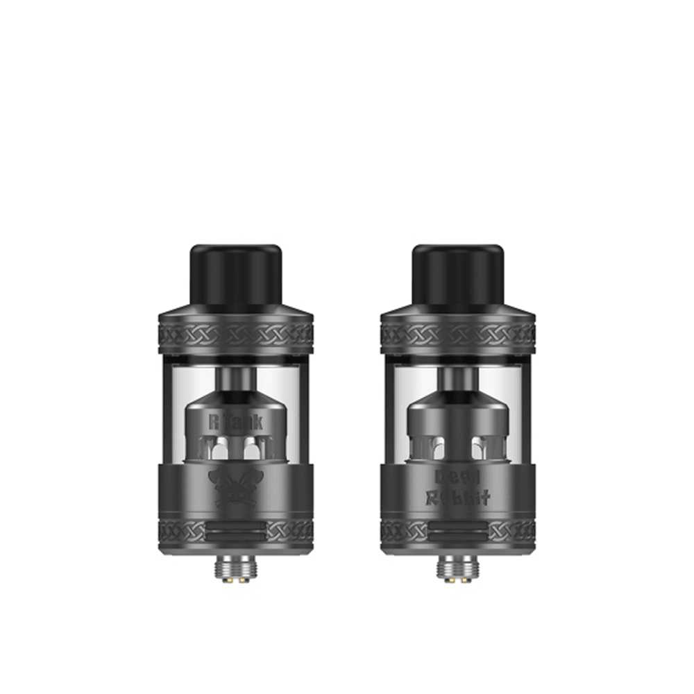 Two Hellvape Dead Rabbit R Tanks in black with intricate design details.