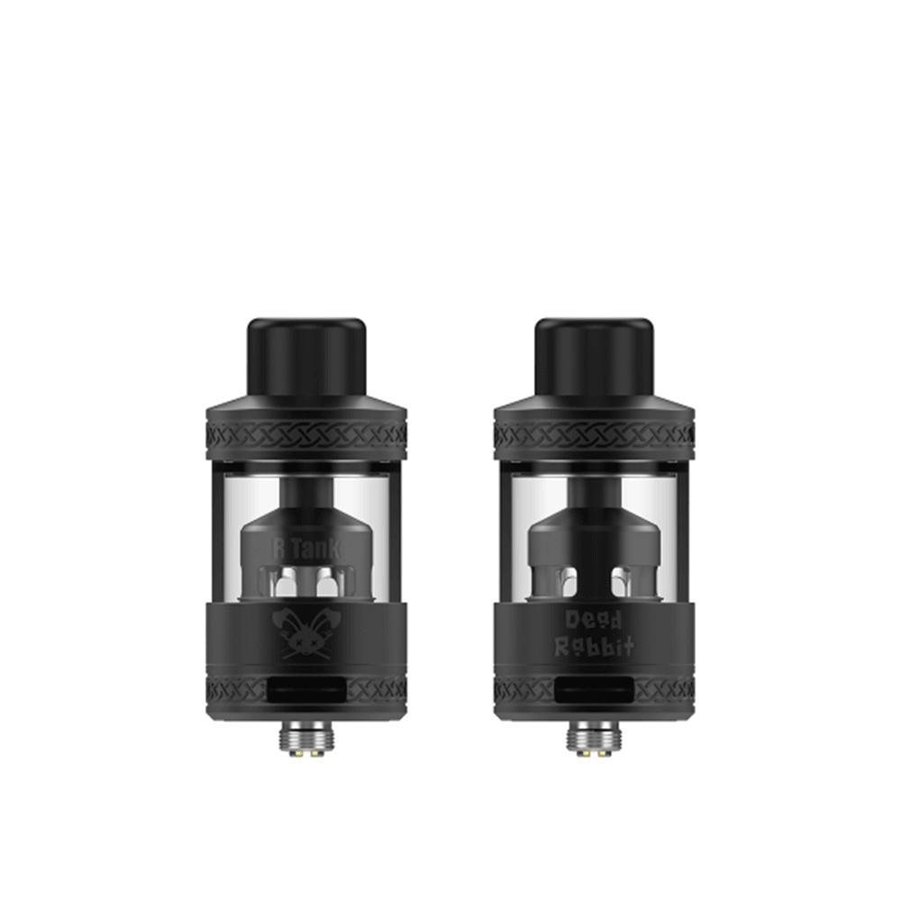 Hellvape Dead Rabbit R Tank, black, featuring intricate design details, displayed on white background.