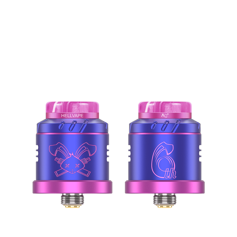 Two Hellvape Dead Rabbit Solo RDAs, 6th Anniversary Edition, in purple and pink accents.