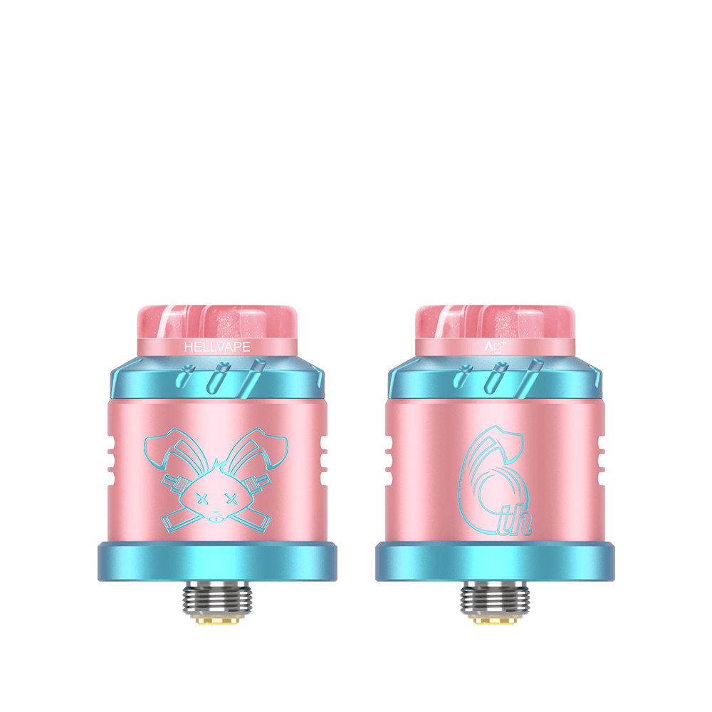 Hellvape Dead Rabbit Solo RDA, 6th Anniversary Edition in pink and blue, shown from two angles.