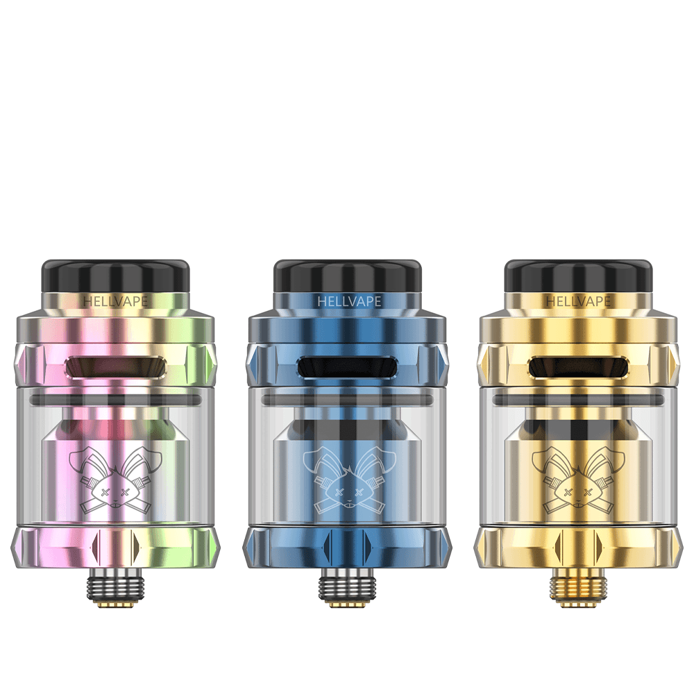 Three Hellvape Dead Rabbit Solo RTAs in rainbow, blue, and gold on a white background.