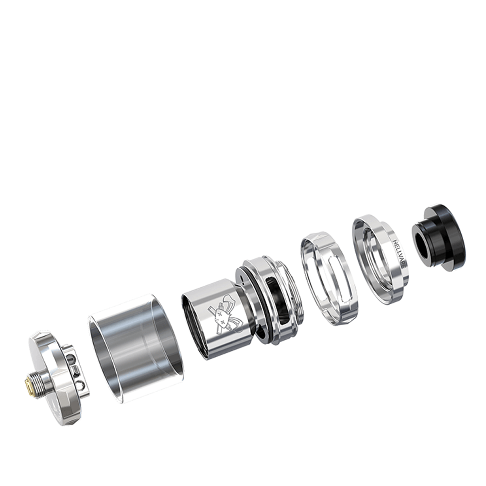 Exploded view of Hellvape Dead Rabbit Solo RTA parts, showing metal components and glass tube.