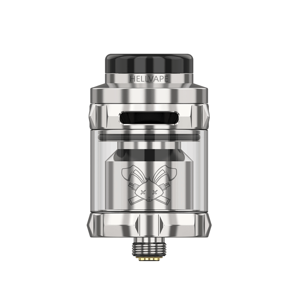 Hellvape Dead Rabbit Solo RTA in metallic finish, featuring engraved logo and adjustable airflow.