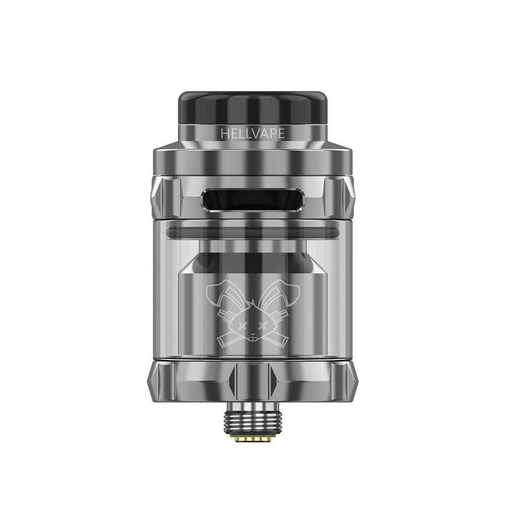 Hellvape Dead Rabbit Solo RTA, silver, with logo, displayed on a white background.