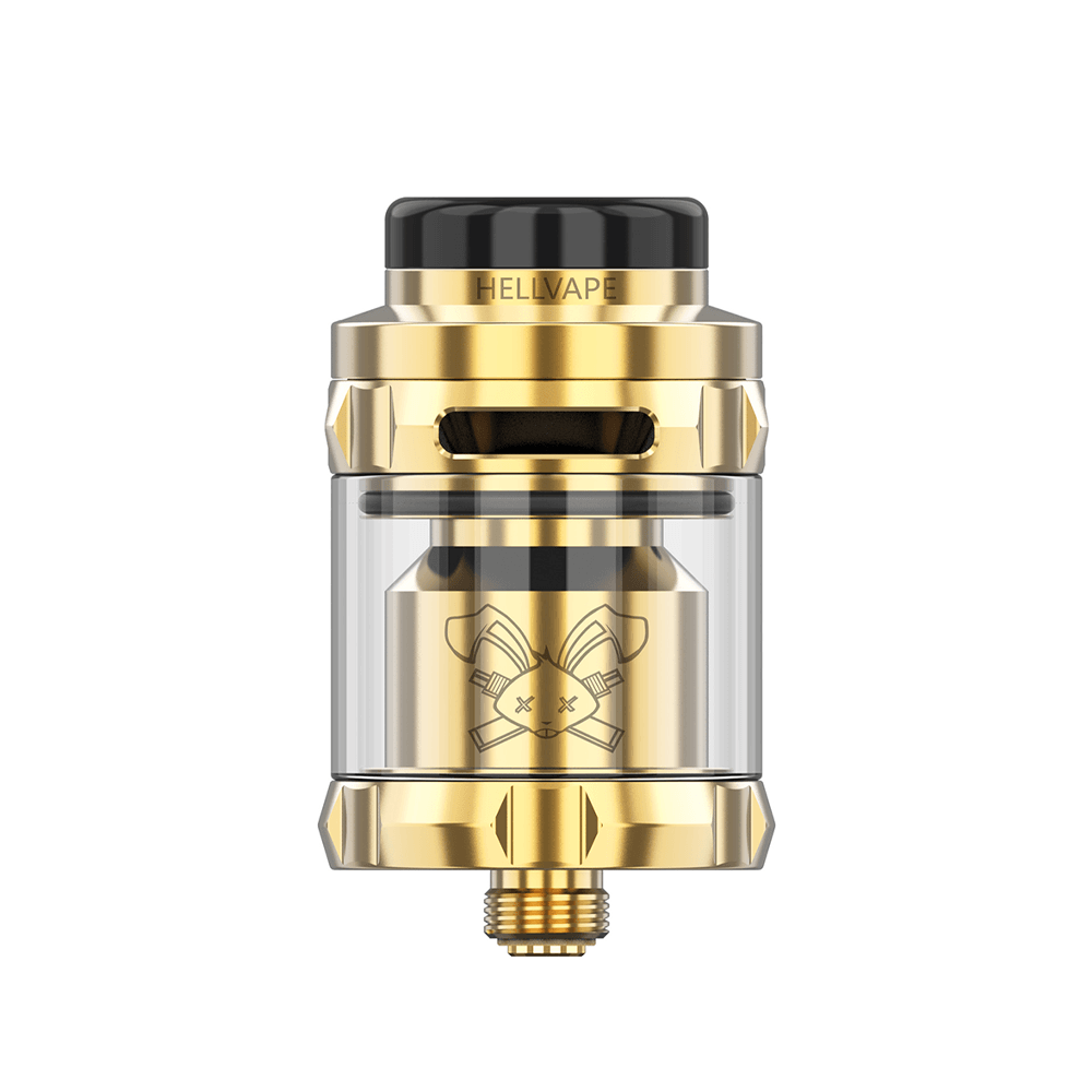 Hellvape Dead Rabbit Solo RTA, gold, with logo and black top, shown on a white background.