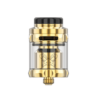 Hellvape Dead Rabbit Solo RTA, gold, with logo and black top, shown on a white background.