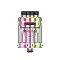 Hellvape Dead Rabbit Solo RTA in metallic rainbow finish with logo, displayed on a white background.