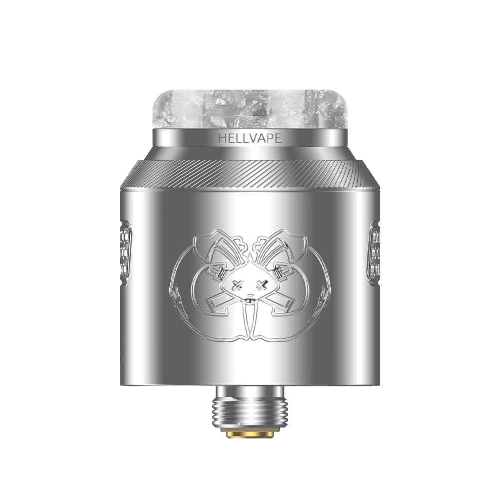 Hellvape Drop Dead 2 RDA in silver, featuring detailed engravings and a frosted drip tip.