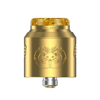 Gold Hellvape Drop Dead 2 RDA with intricate design and yellow resin drip tip.