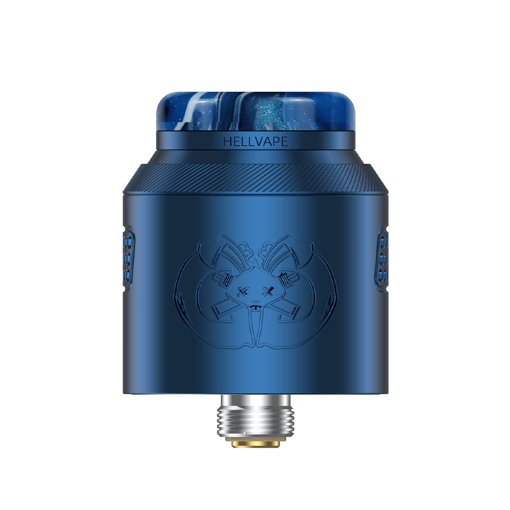 Hellvape Drop Dead 2 RDA in metallic blue with a marbled drip tip, featuring engraved logo.