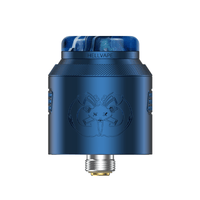 Hellvape Drop Dead 2 RDA in metallic blue with a marbled drip tip, featuring engraved logo.